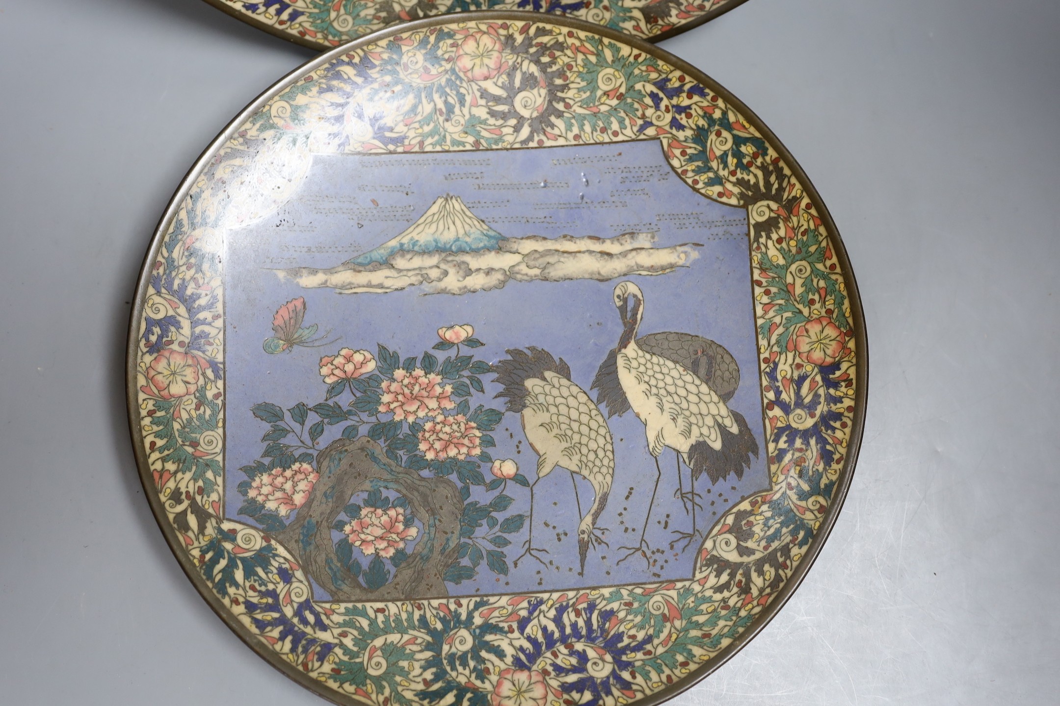 A pair of Japanese cloisonné enamel dishes, Meiji period - 29cm diameter